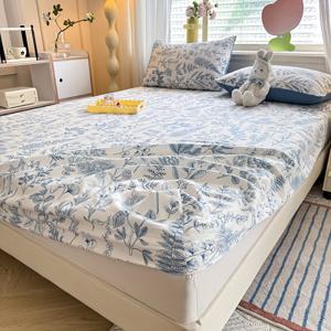TEMU 1pc 플로럴 프린트 침대 스커트, 트로피컬 농가 스타일, 모던 디자인, 딥 포켓, 매트리스 보호대 적합, 올 시즌, 미끄럼 방지, 방진, 통기성, 기계 세척 가능, 베개 커버 포함되지 않음, 편안한 수면, 폴리에스테르 원단, 95gsm, 30-34cm 높이|매트리스커버