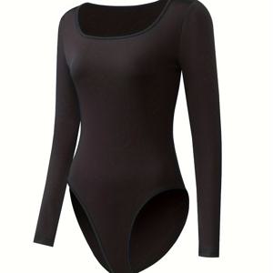 TEMU 1pc 여성 긴팔 스퀘어넥 바디수트, 스트레치 폴리에스테르 스판덱스 레오타드, 단색 컬러 요가 롬퍼, 빌트인 브리프 포함