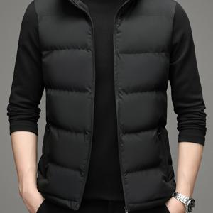 TEMU 남성용 캐주얼 하이넥 조끼 지퍼 포켓 포함 - 따뜻한 민소매 겨울 재킷, 블랙, 추운 날씨용 두꺼운 폴리에스터, 스탠드 칼라 디자인, 손세탁 또는 드라이클리닝 전용, 가을 레이어링 피스 | 캐주얼 스타일 조끼 | 폴리에스터 섬유 조끼