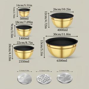 TEMU 10개 세트의 금색 스테인레스 스틸 혼합용기 세트, 5개 금색 혼합용기 + 5개 검은색 밀봉용기, 스테인레스 스틸 혼합용기 세트, 중첩용기 세트, 구리 방지, 세척기 안전, 통기성 밀봉용기 및 그레이터 포함, 베이킹, 준비, 요리, 샐러드, 서비스, 휴일용 - 금색, 검은색 밀봉용기 포함, 크리스마스, 할로윈, 부활절, 한카, 추수 감사절용