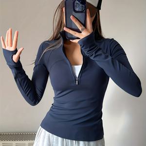 TEMU 가을과 겨울 패션 여성용 요가 반지퍼 스포츠 자켓, 손가락 구멍이 있는 긴 소매, 작은 스탠드 업 칼라 디자인, 반지퍼 클로저, 높은 탄력성, 빠른 건조성의 소재. 러닝, 요가, 사이클링, 스튜디오 세션, 캐주얼 아웃팅, 저녁 데이트, 일상복에 적합, 추수감사절과 크리스마스에 완벽합니다.|요가|패션