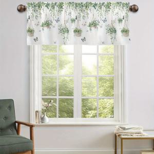 TEMU 1pc 모던 그린 리프와 바구니 프린트 막대형 포켓 발란스 커튼 - 폴리에스테르, 반투명, 세탁 가능, 손 세탁전용 가능, 거실을 위한 우주 테마, 비직물, 160-180gsm, 코드 없음.