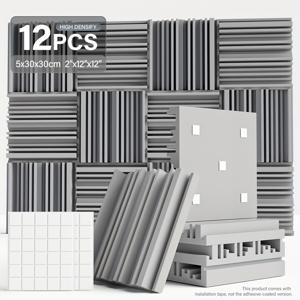TEMU 12개 고밀도 아코스틱 폼 패널 - 5x30x30cm(2x12x12인치) 및 5x25x25cm(210인치) 스튜디오, 오피스, 홈용 방음 타일, 설치 테이프 포함, 흰색, 검정, 회색 선택 가능, 내구성 있는 현대적 디자인