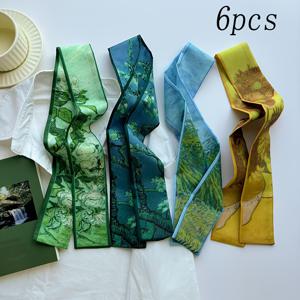 TEMU 3개/6개 세트 레트로 오일 페인팅 스타일 롱 스카프, 다용도 아티스틱 넥타이, 가방 끈, 헤어 밴드, 핸드메이드 DIY