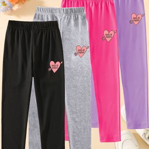 TEMU 4개 '사랑해 엄마' 프린트 여아용 스트레치 레깅스 - 캐주얼 & 패셔너블, 봄/가을에 완벽