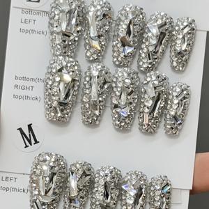 TEMU 핸드메이드 착용 가능한 반짝이는 실버 풀 미디엄 길이 10pcs 럭셔리 핸드크래프트 스티커형 인조 네일, 여성용 라인스톤 포함, 도구 키트 세트 4개 포함