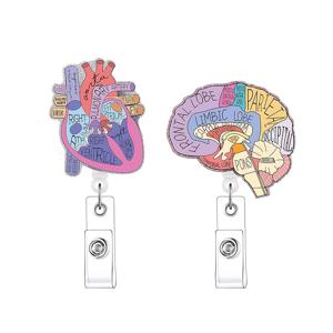 TEMU 의료 및 간호 시리즈 하트와 뇌 조합 글리터 파우더 2개 세트, 쉽게 당기는 버튼 아크릴 하트 모양의 접이식 배지 스크롤