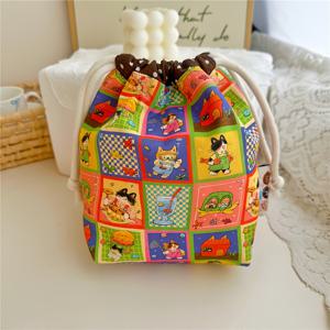 TEMU 1개 귀여운 만화 고양이 프린트 이중 얇은 끈주머니 - 생동감 있는 컬러풀한 패치, 휴대용 수납 정리함 (보석류/화장품/여행&홈), 안전한 잠금식 사은선물백, 내구성있는 끈지퍼, 패치워크 디자인, 크리스마스 & 할로윈