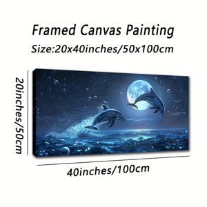 TEMU 1개 대형 20x40인치 액자 캔버스 아트 - 달빛 바다에서 점프하는 매혹적인 돌고래, 삼나무 프레임 - 거실, 침실, 홈 오피스 및 카페 장식에 이상적