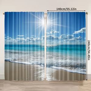 TEMU 2개 세트 트로피컬 비치 창문 커튼 - 해안 파도 & 터키석 바다 디자인, 반투명 빛 차단 프라이버시 드레이프 - 막대 필요 없음, 간편 포켓 탑, 거실/침실/욕실/파티오용, 내구성 폴리에스터 코스탈 데코 커튼, 평온한 미학, 텍스처 마감, 휴가용 집 스타일링