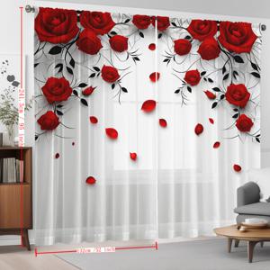 TEMU 2개 세트 홈 커튼 화이트 발렌타인데이 빅 레드 로즈 블랙 라인 리프 플로잉 창문 커튼, 주방, 카페, 거실, 식당, 발코니, 정원, 침실에 적합