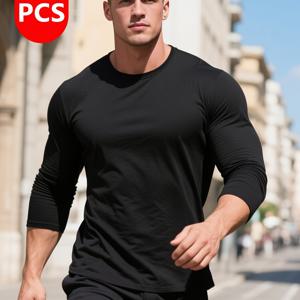 TEMU 5개 남성용 긴팔 크루 넥 탑 - 캐주얼, 다용도 솔리드 컬러 폴리에스터 셔츠, 세탁기 사용 가능, 일상 및 잠옷에 적합|여름잠옷