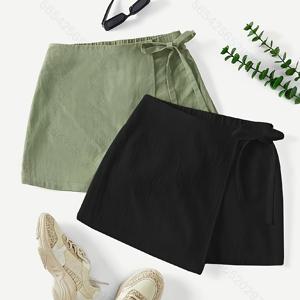 TEMU 여성용 2pcs 체리블로섬 스커트 세트 - 아сим메트리 하이웨이스트 미니 스커트, 턱시도 디테일, 블랙 & 베이지 단색, 우아한 여름 캐주얼 의상, 하이웨이스트 스커트