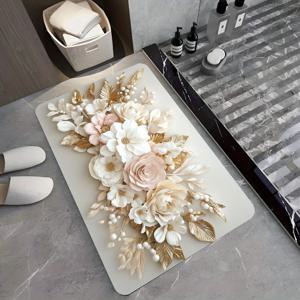 TEMU 1개 고급스러운 골든 플로럴 규조토 욕실 매트 - 초흡수, 미끄럼 방지, 빠른 건조 러그, 우아한 화이트 & 핑크 꽃과 골든 리프 - 욕실, 주방, 거실, 커피숍, 바, 정원에 완벽 - 개인 관리 선물, 욕실 러그에 이상적