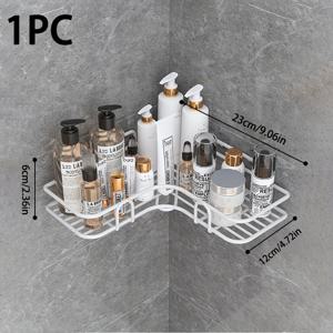TEMU 녹슬지 않는 주철 코너 샤워 선반, 드릴 없는 벽걸이 욕실 정리함, 화장품 및 스킨케어용 다중 칸막이, 작은 공간에서 쉬운 보관을 위한 화이트 메탈 디자인, 욕실 정리 및 보관용품