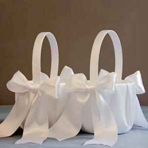 TEMU 2개 세트 우아한 화이트 리본 보우, 둥근 손잡이 - 신부 들러리 및 파티 장식에 완벽, 폴리에스터 소재, 다용도 사용, 파티 장식 | 리본 보우 | 내구성 있는 폴리에스터, 할로윈, 크리스마스 이벤트 및 파티 용품을 위한 꽃 들러리 바구니