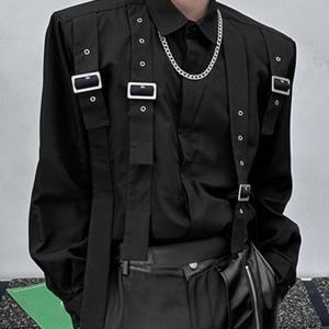 TEMU INCERUN 남성용 캐주얼 레귤러 피트 폴리에스테르 라펠 칼라 솔리드 컬러 웨이브드 셔츠, 긴 소매, 턴다운 칼라, 조절 가능한 버클, 바지, 얇은, 스트리트 힙피, 130 g/㎡ 재질 무게, 성인용, 봄/가을