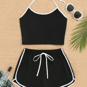TEMU 여성용 블랙 투피스 헐터 넥 스포츠 브라와 반바지 세트 - 폴리에스터, 백리스, 니트 소재, 올시즌 캐주얼 웨어, 집과 운동에 완벽한 운동복| 디자인|니트 구성, 스포츠 브라