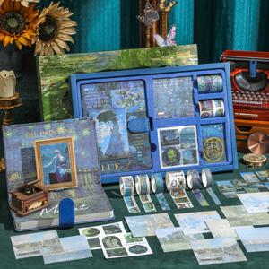 TEMU 오일 페인팅 시리즈 다이어리 선물 세트, 빈티지 노트북 다이어리 세트 for 여성, 두꺼운 고급 문학 일기장, 자석 잠금, 스티커, 20장의 노트 카드, 100개의 장식 테이프, 6개의 와시 테이프, 금속 북마크 - 학생과 창의적인 사람들에게 완벽한 선물