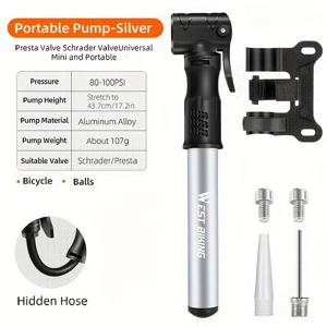TEMU WEST BIKING 헤비듀티 수동 자전거 펌프 - 고압 휴대용 펌프, 밸브 호환성, 견고한 베이스 안정성, 핸들 및 숨겨진 호스 - 산악, 로드, 튜브리스 타이어 빠른 공기주입/배출 - 여행용 자전거 펌프 - 블랙 수동 작동, 전원 불필요, 내구성과 컴팩트한 디자인으로 모험에 최적, 자전거 타이어 공기 펌프,오토바이용 발 펌프