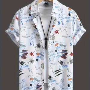 TEMU 남성용 캐주얼 여름 반팔 버튼업 셔츠, 화려한 & 만화 프린트, 가벼운 폴리에스터, 해변 및 야외 활동 및 캐주얼 착용을 위한 편안한 핏