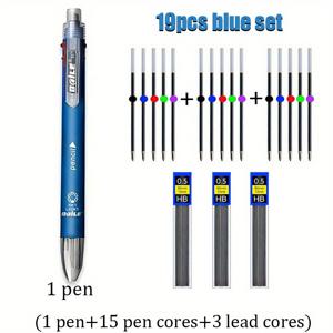 TEMU 1세트 19종 신제품 다기능 6색 0.7mm 볼펜, 자동 연필, 다색 중립 볼펜, 지우개 포함, 사무실용 필기기 용품 (1개의 펜, 15개의 볼펜 코어, 3개의 연필 코어)