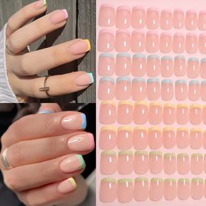 TEMU 96개 짧은 사각 마카롱 컬러 멀티컬러 프렌치 네일 스티커 세트, 선물 및 매니큐어 용품으로 완벽한 엄마와 여성들을 위한 크리스마스, 어머니날, 발렌타인데이, 파티, 데이트, 캐주얼 룩에 적합한 다양한 행사용 분리형 화이트 네일