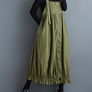 TEMU 조절 가능한 스트랩 & 전면 지퍼가 있는 여성용 올리브 그린 A라인 미디 드레스 - 가벼운 통기성 원단, 프릴 밑단, 봄/여름 캐주얼부터 세미포멀 의상까지