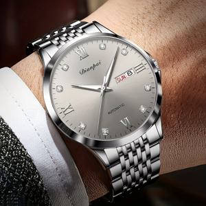 TEMU 디안파이 남성용 자동 기계식 시계 - 스테인리스 스틸 비즈니스 크로노그래프, 이중 달력 및 날짜/요일 표시, 라인스톤 장식 - 아버지의 날/생일 선물 추천, 정장 & 캐주얼 착용 가능, 세련된 메탈릭 마감|달력|달력|캘린더