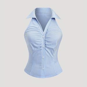 TEMU 여성용 블루 민소매 블라우스 - 오픈 칼라 버튼 프론트 슬림핏 캐주얼 우아한 셔츠 봄 & 여름용, 세탁기 사용 가능, 여름 패션 탑 | 디자인 | 매끄러운 질감 원단