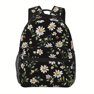 TEMU 다이즈 플로럴 백팩 - 스타일리시한 블랙 폴리에스테르 데이팩, 물병 및 우산 보관 기능, 출퇴근 및 여행에 이상적, 손세탁 가능, 일상적인 출퇴근용 백팩 | 꽃무늬 백팩 | 폴리에스테르 백팩