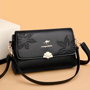 TEMU 여성용 블랙 크로스바디 백 - 우아한 엠보싱 플로럴 디자인, 조절 가능한 스트랩, 다목적 어깨 가방, 소형 크로스백