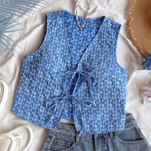 TEMU 우아한 화이트 민소매 조끼, 꽃무늬 질감 및 뒷면 묶음 디테일 - 휴가 스타일, V넥, 레이스업 프론트, 해변 또는 캐주얼 외출에 완벽, 해변 의상|휴가 스타일 조끼|레이스업 디테일, 해변 옷