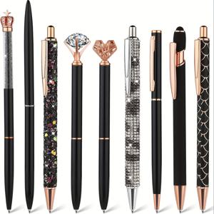 TEMU 9개의 우아한 검은색 반짝이는 볼펜 세트, 검은색 잉크, 학교, 가정, 사무실 사용에 적합, 선생님을 위한 완벽한 선물