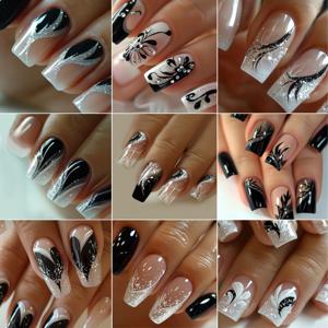 TEMU 216피스 광택 블랙 & 화이트 프레스온 네일 키트 - 라인스톤 & 나비/은행잎 팁 포함 - 풀 세트 스퀘어 인조 네일 (DIY 젤 폴리쉬) - 웨딩, 파티, 데일리 웨어용 - 누드/블랙 - 쉬운 적용 및 제거 도구