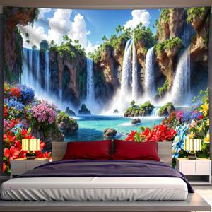 TEMU 1pc 초대형 워터폴 랜드스케이프 테이프스트리 - 풍부한 녹지, 아름다운 꽃과 웅장한 워터폴을 담은 생동감 있는 폴리에스터 벽걸이, 거실, 침실 또는 기숙사 장식에 완벽, 무료 벽걸이 클립 포함, 워터폴 장식