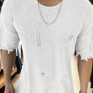 TEMU 남성용 여름 니트 풀오버 - 캐주얼 스트리트 스타일, 라운드 넥, 반팔, 루즈핏, 솔리드 컬러와 찢어진 디테일, 중간 신축성, 풀오버 탑|디스트레스드 디테일|니트 구조, 스웨터 탑