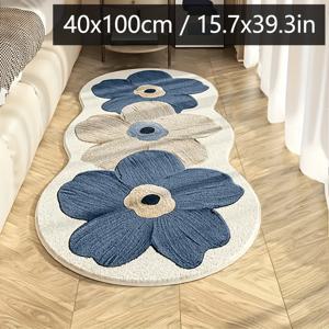 TEMU 플로럴 블루 베이지 직사각형 침대 매트 - PVC 백킹 소프트 폴리에스터, 미끄럼 방지 바닥매트 (침실, 거실, 복도용) - 모던 데코, 베이지 & 네이비 블루 & 브라운