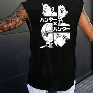 TEMU 남성용 캐주얼 애니메이션 그래픽 탱크 탑 - 통기성이 좋은 니트 소재, 일본 애니메이션 프린트가 있는 슬리브리스 라운드 넥 셔츠, 체육관 및 레저웨어에 이상적