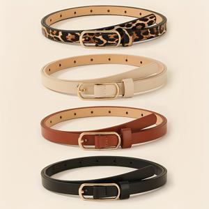 TEMU 여성용 패션 벨트 4개, 단순하고 다용도로 사용할 수 있는 사각형 버클, 청바지, 드레스, 일상복, 파티, 웨딩, 캐주얼 의상에 적합, 평균 크기, 비직물 재질, 합금 버클, 패널, 프린트, 평균 크기 버클, 캐주얼 의상 벨트 | 프린트 벨트 | 스타일리시 벨트