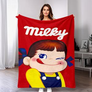 TEMU 편안한 밀키 화이트 만화 캐릭터 스로우 블랭킷 - 울트라 소프트 폴리에스터, 모든 계절의 편안함, 침대, 여행 및 여가에 이상적, 빨간색으로 우아한 디자인, 내구성 있는 니트 질감, 여행용 스로우 블랭킷|우아한 디자인|내구성 있는 니트