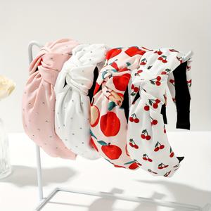 TEMU 여성용 와이드 헤어밴드 4개 세트 - 과일 패턴(도트무늬, 체리, 사과, 꽃) 소프트 원단 노트 머리 액세서리, 캐주얼 및 정장용 파스텔 & 생생한 색상, 섬세한 디테일 디자인