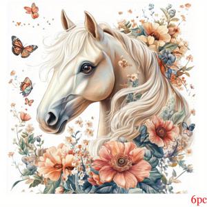 TEMU 6pcs 마자스틱 호스 헤드 아이언 온 전이 스티커 - 화이트 호스 플로럴 & 디자인, DIY 비닐 데칼 티셔츠, 마스크, 청바지 및 배낭 - 혼합 색상, 공예 용품