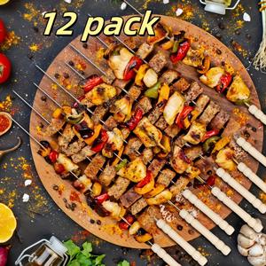 TEMU 12개 스테인레스 스틸 바베큐 스키퍼, 나무 손잡이 포함 - 균일한 열 분배를 위한 내구성 있는 금속 및 나무 디자인, 모든 해 동안 고기, 야채, 과일을 구이할 때 완벽, 바베큐 액세서리, 야외 요리 필수품, 쉽게 청소할 수 있는 재료