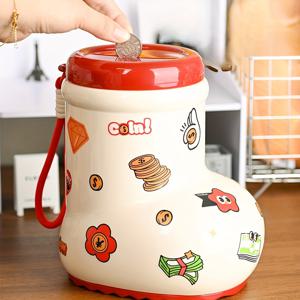 TEMU 1개 창의적인 도파민 데스크탑 저축 동전통 - 모티베이션 스티커가 있는 이중 색상 부츠형 돈 상자, 휴대용 먼지 방지 코인 & 소품 보관함, 전기 필요 없는 홈 오피스 장식 선물, 내구성 플라스틱 제작, 책상 및 서랍 정리용