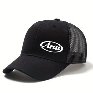 TEMU 아라이 로고 블랙 메쉬 트럭커 캡 - 남성과 여성에게 스타일리시하고 다용도로 사용할 수 있는 야외 태양 보호 야구 모자, 캐주얼, 야외용 캐주얼 모자|스타일리시한 헤드가어|내구성 있는 헤드가어
