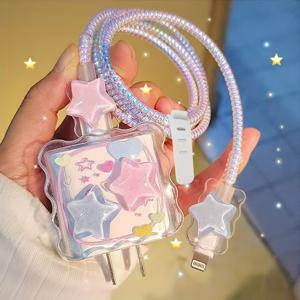 TEMU 아이폰 15 프로 맥스용 귀여운 별과 하트 디자인 충전기 보호 커버 - 내구성 있는 TPU, 파스텔 무광 마감, 투명 핑크 & 블루 충전 케이블 포함, 기기 안전 커버, 유니크한 액세서리, 고품질 공예