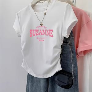 TEMU 여성용 Y2K 크롭 티셔츠 - 만화 프린트가 있는 화이트 반팔 탑, 러플 밑단 & 타이다이 디테일링, 중간 스트레치 라운드 넥 캐주얼 셔츠, 봄 여름 가을용, 레이디스 티셔츠, 여름 패션, 릴랙스 핏 티, 우아한 원단