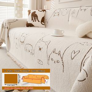 TEMU 1개 반려동물 친화적 고양이 & 강아지 패턴 소파 커버 담요 - 미끄럼 방지 샤넬 자카드 프린지 트림, 1-4인용 소파 보호커버, 세탁기 사용 가능, 사계절 거실/침실/사무실 장식, 플러시 질감, 가족 가정용, 내구성 있는 원단, 플레이풀 디자인