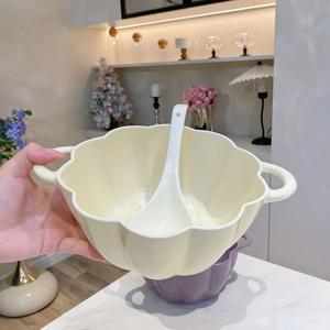 TEMU 양귀 크림 호박 디자인 세라믹 수프 볼 세트 - 볼 1개, 스푼 1개, 높은 가치의 대용량 호박 볼, 재사용 가능, 식기세척기 사용 가능 식기 밥그릇, 수프, 면, 간장 등을 위한 대형 사이즈, 할로윈 선물로 완벽